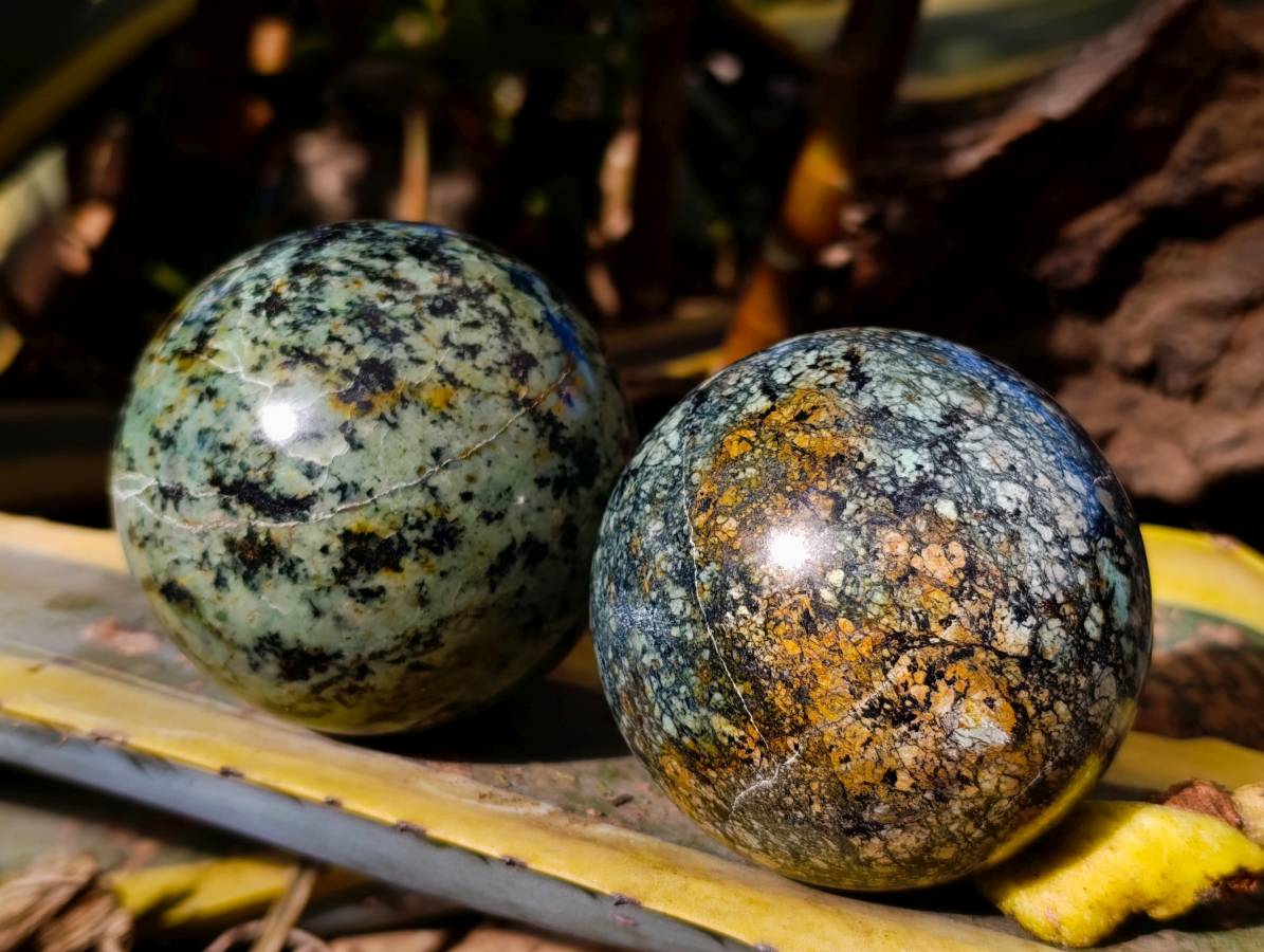 Polished "African Turquoise" Chrysocolla Spheres x 2 From Blue Mine, South Africa - Toprock Gemstones and Minerals 