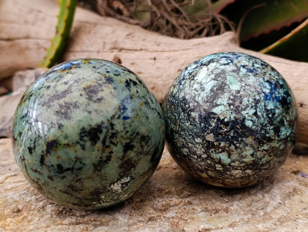 Polished "African Turquoise" Chrysocolla Spheres x 2 From Blue Mine, South Africa - Toprock Gemstones and Minerals 