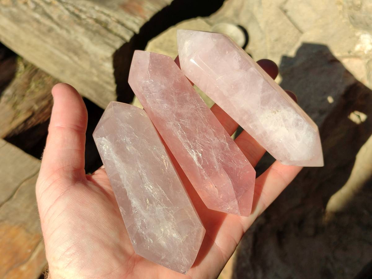 Polished Double Terminated Rose Quartz Points x 6 Madagascar - Toprock Gemstones and Minerals 