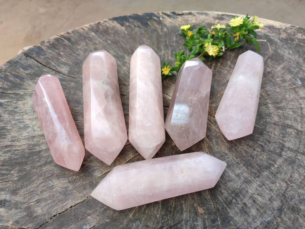 Polished Double Terminated Rose Quartz Points x 6 Madagascar - Toprock Gemstones and Minerals 