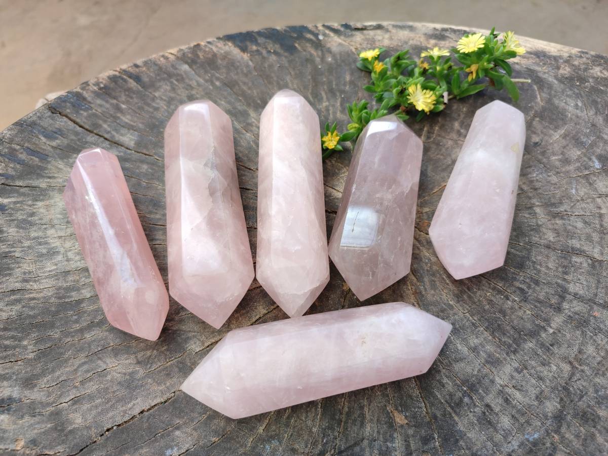 Polished Double Terminated Rose Quartz Points x 6 Madagascar - Toprock Gemstones and Minerals 