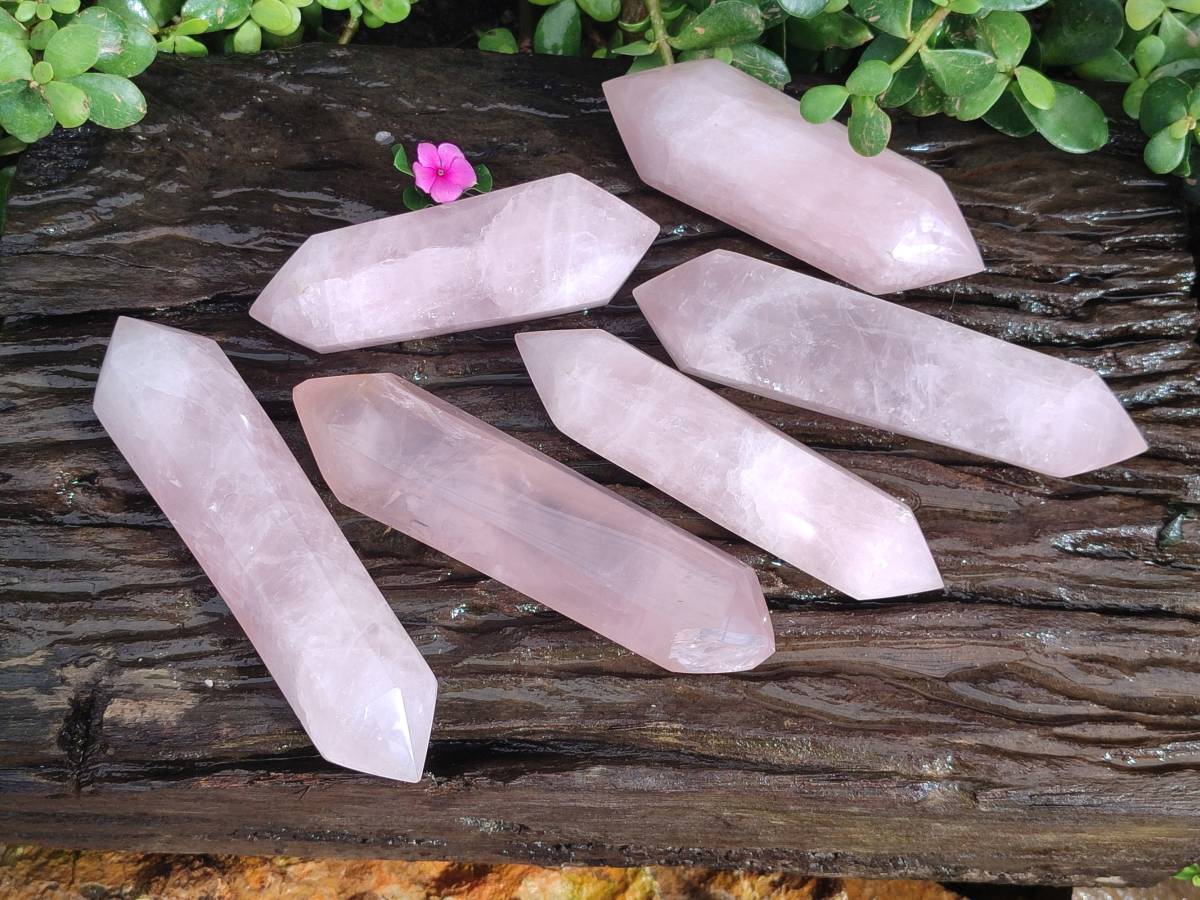 Polished Double Terminated Rose Quartz Points x 6 Madagascar - Toprock Gemstones and Minerals 