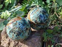 Polished "African Turquoise" Chrysocolla Spheres x 2 From Blue Mine, South Africa