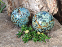 Polished "African Turquoise" Chrysocolla Spheres x 2 From Blue Mine, South Africa
