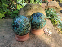 Polished "African Turquoise" Chrysocolla Spheres x 2 From Blue Mine, South Africa