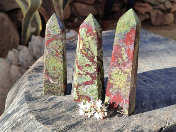 Polished Bastite Dragons Blood Stone Points x 3 From Tshipise, South Africa
