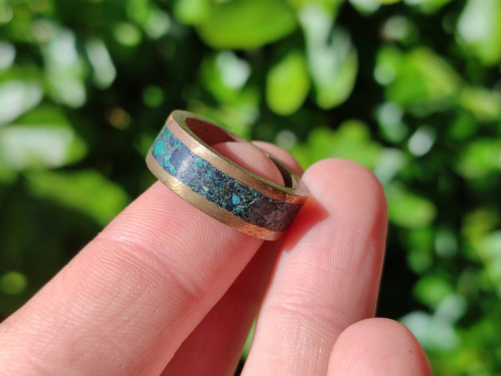 Hand Made 'Antique' Malachite and Chrysocolla Rings with Brass Inlay x 12 From Congo - Toprock Gemstones and Minerals 