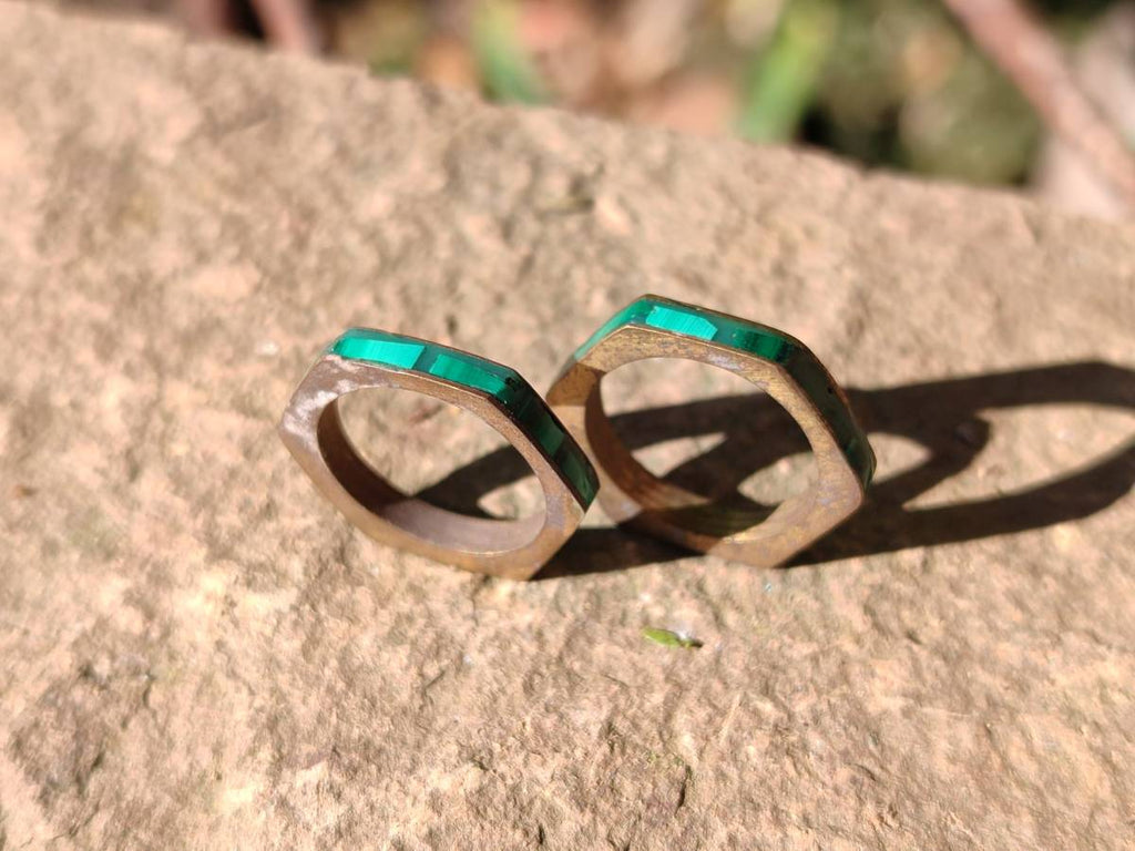 Hand Made 'Antique' Malachite and Chrysocolla Rings with Brass Inlay x 12 From Congo - Toprock Gemstones and Minerals 