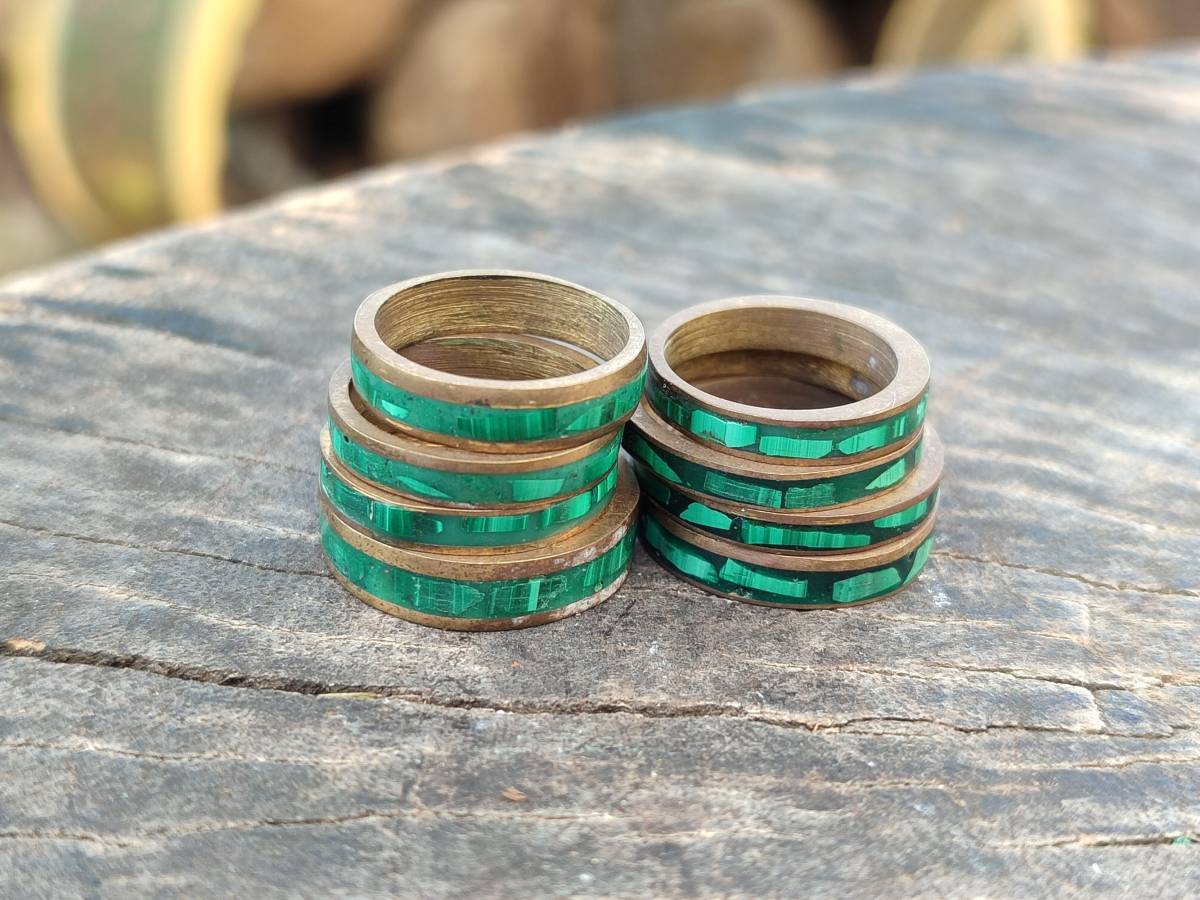 Hand Made 'Antique' Malachite and Chrysocolla Rings with Brass Inlay x 12 From Congo - Toprock Gemstones and Minerals 