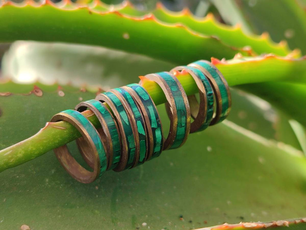 Hand Made 'Antique' Malachite and Chrysocolla Rings with Brass Inlay x 12 From Congo - Toprock Gemstones and Minerals 