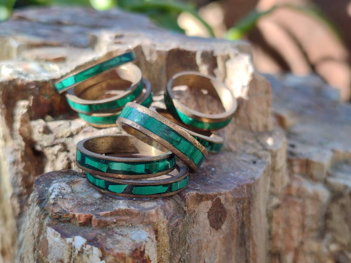 Hand Made 'Antique' Malachite and Chrysocolla Rings with Brass Inlay x 12 From Congo - Toprock Gemstones and Minerals 