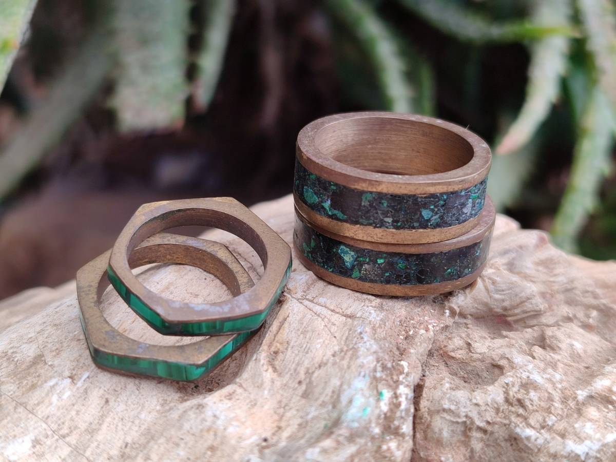 Hand Made 'Antique' Malachite and Chrysocolla Rings with Brass Inlay x 12 From Congo - Toprock Gemstones and Minerals 