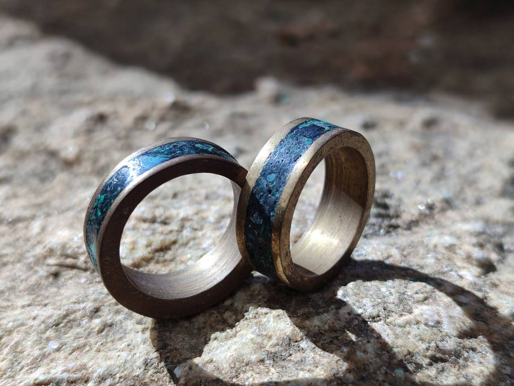 Hand Made 'Antique' Malachite and Chrysocolla Rings with Brass Inlay x 12 From Congo - Toprock Gemstones and Minerals 