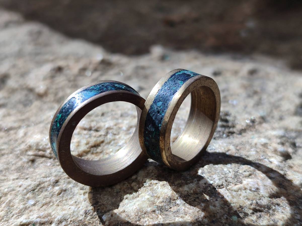 Hand Made 'Antique' Malachite and Chrysocolla Rings with Brass Inlay x 12 From Congo - Toprock Gemstones and Minerals 