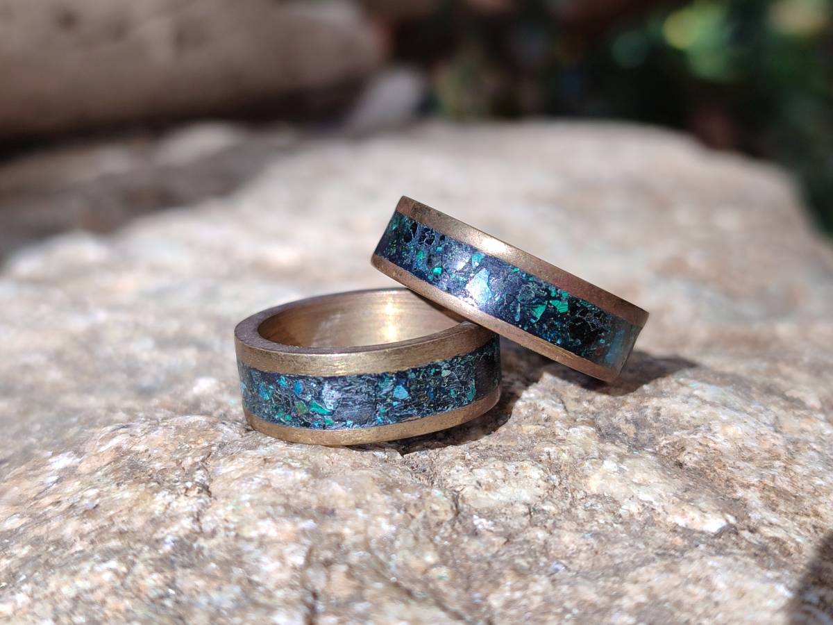 Hand Made 'Antique' Malachite and Chrysocolla Rings with Brass Inlay x 12 From Congo - Toprock Gemstones and Minerals 