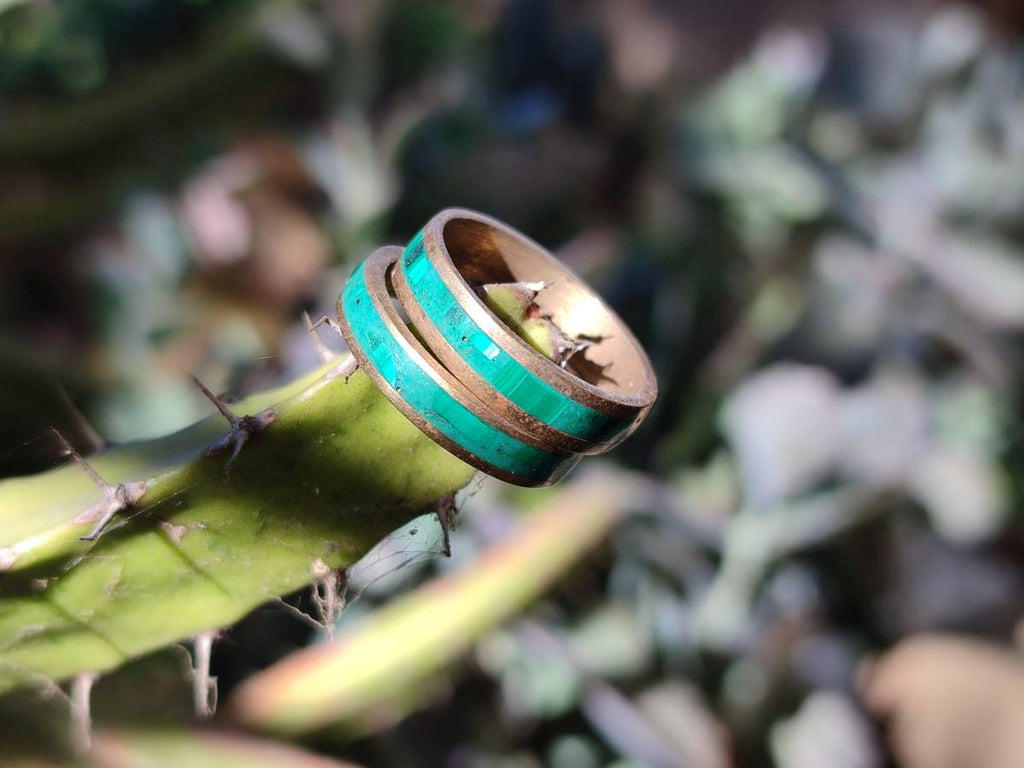 Hand Made 'Antique' Malachite and Chrysocolla Rings with Brass Inlay x 12 From Congo - Toprock Gemstones and Minerals 