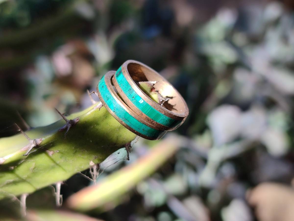 Hand Made 'Antique' Malachite and Chrysocolla Rings with Brass Inlay x 12 From Congo - Toprock Gemstones and Minerals 