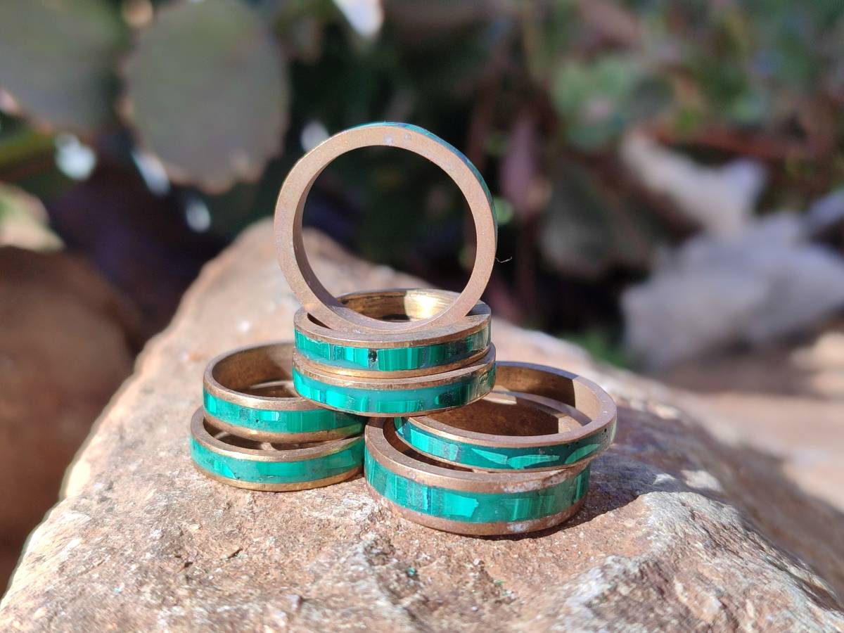 Hand Made 'Antique' Malachite and Chrysocolla Rings with Brass Inlay x 12 From Congo - Toprock Gemstones and Minerals 