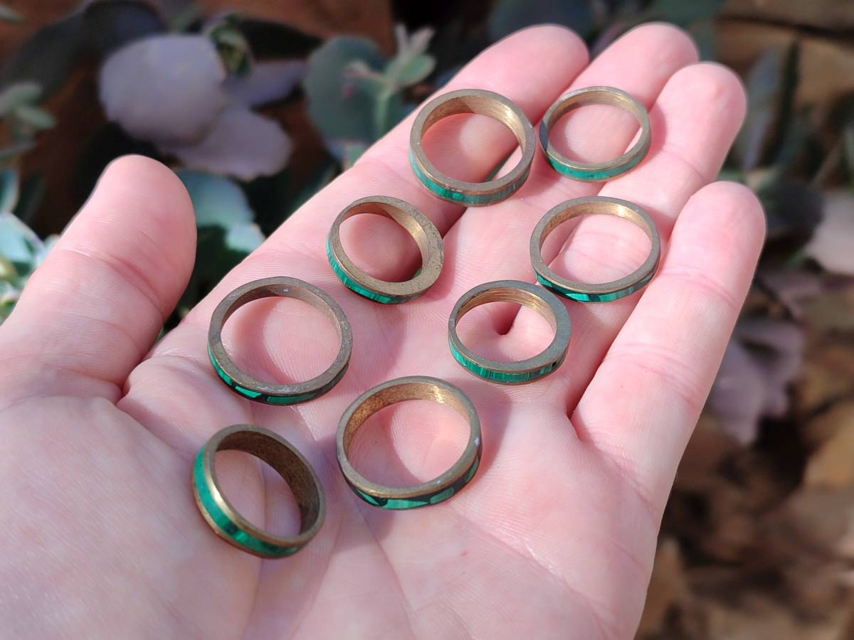 Hand Made 'Antique' Malachite and Chrysocolla Rings with Brass Inlay x 12 From Congo - Toprock Gemstones and Minerals 
