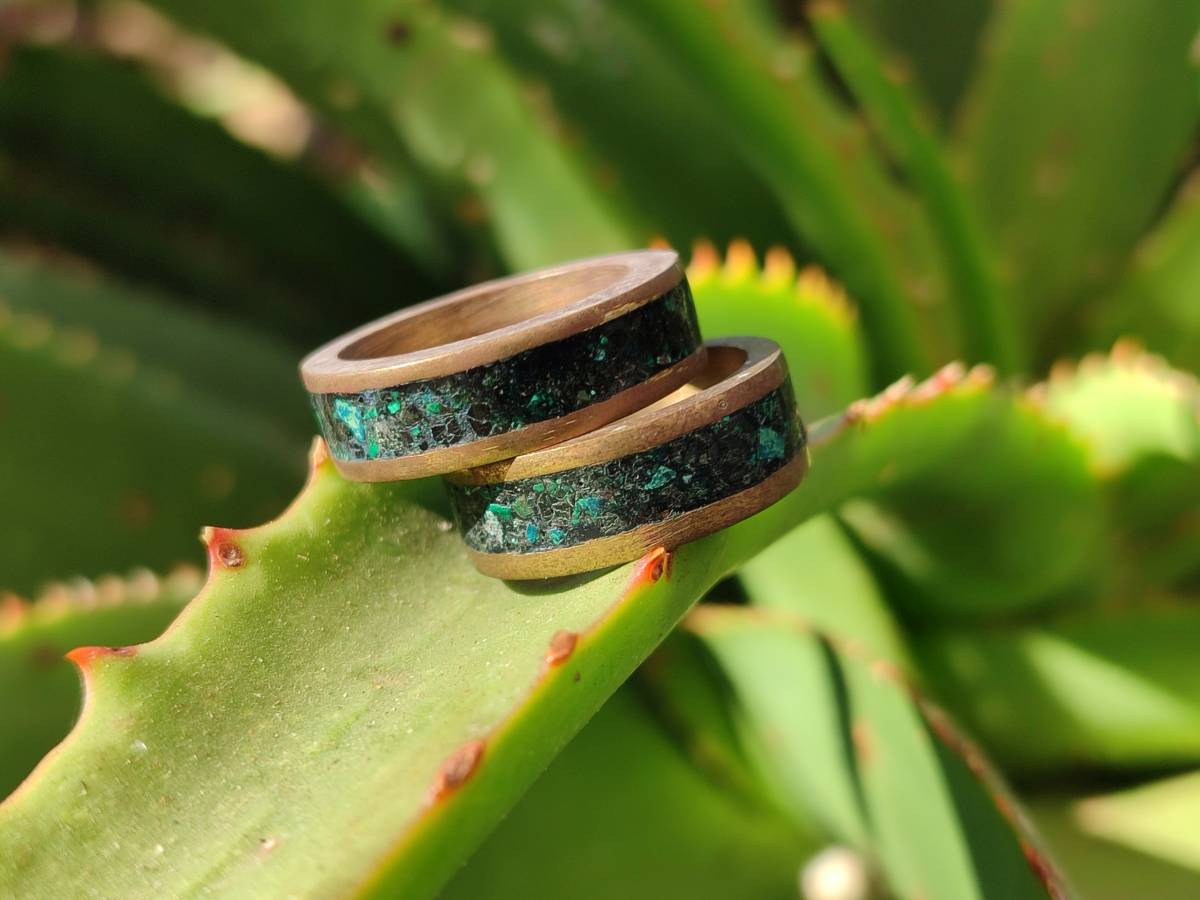 Hand Made 'Antique' Malachite and Chrysocolla Rings with Brass Inlay x 12 From Congo - Toprock Gemstones and Minerals 