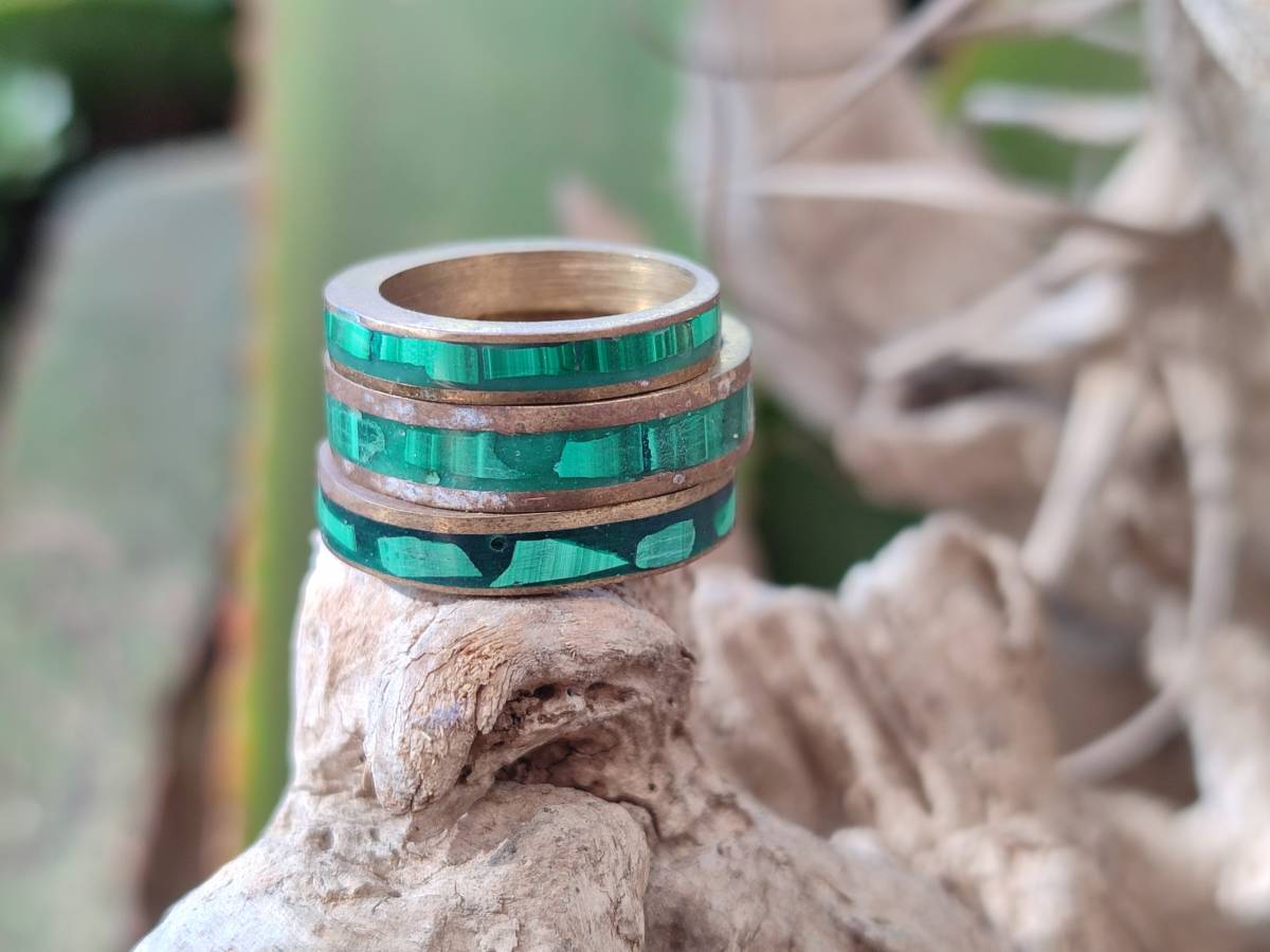 Hand Made 'Antique' Malachite and Chrysocolla Rings with Brass Inlay x 12 From Congo - Toprock Gemstones and Minerals 