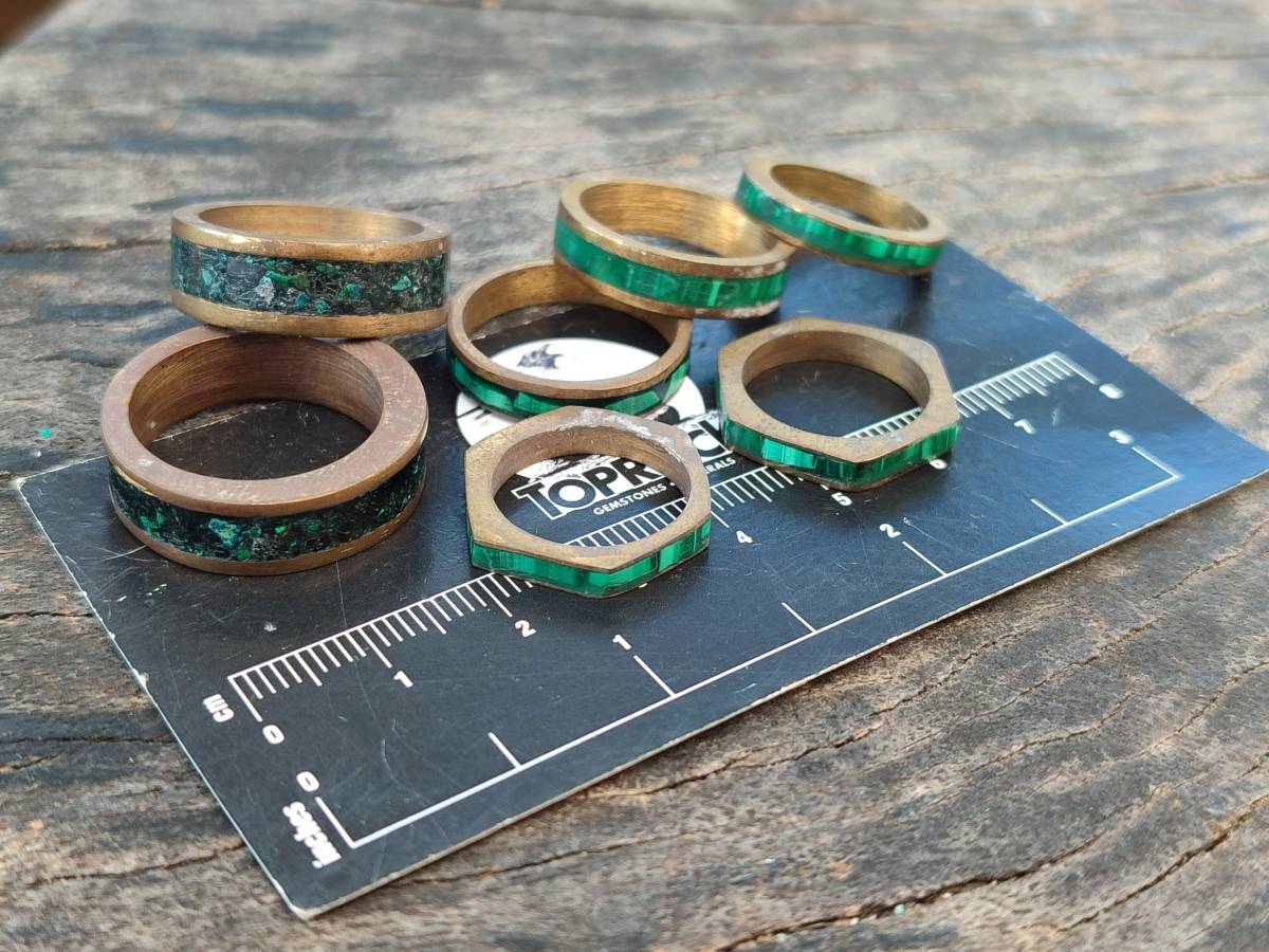Hand Made 'Antique' Malachite and Chrysocolla Rings with Brass Inlay x 12 From Congo - Toprock Gemstones and Minerals 
