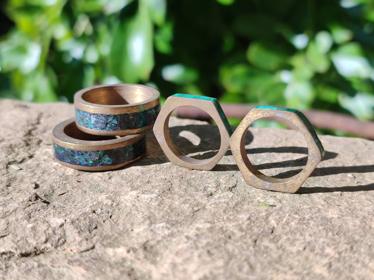 Hand Made 'Antique' Malachite and Chrysocolla Rings with Brass Inlay x 12 From Congo - Toprock Gemstones and Minerals 