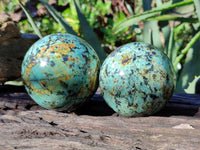Polished "African Turquoise" Chrysocolla Spheres x 2 From Blue Mine, South Africa