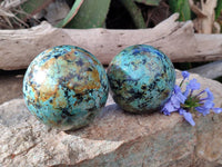 Polished "African Turquoise" Chrysocolla Spheres x 2 From Blue Mine, South Africa