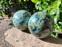 Polished "African Turquoise" Chrysocolla Spheres x 2 From Blue Mine, South Africa