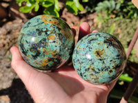 Polished "African Turquoise" Chrysocolla Spheres x 2 From Blue Mine, South Africa