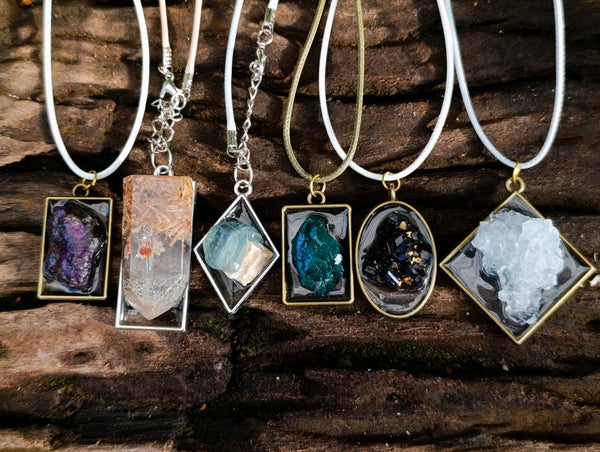 Hand Made Specially Selected Mixed Crystal Pendants - Set in Resin x 6 From Southern Africa