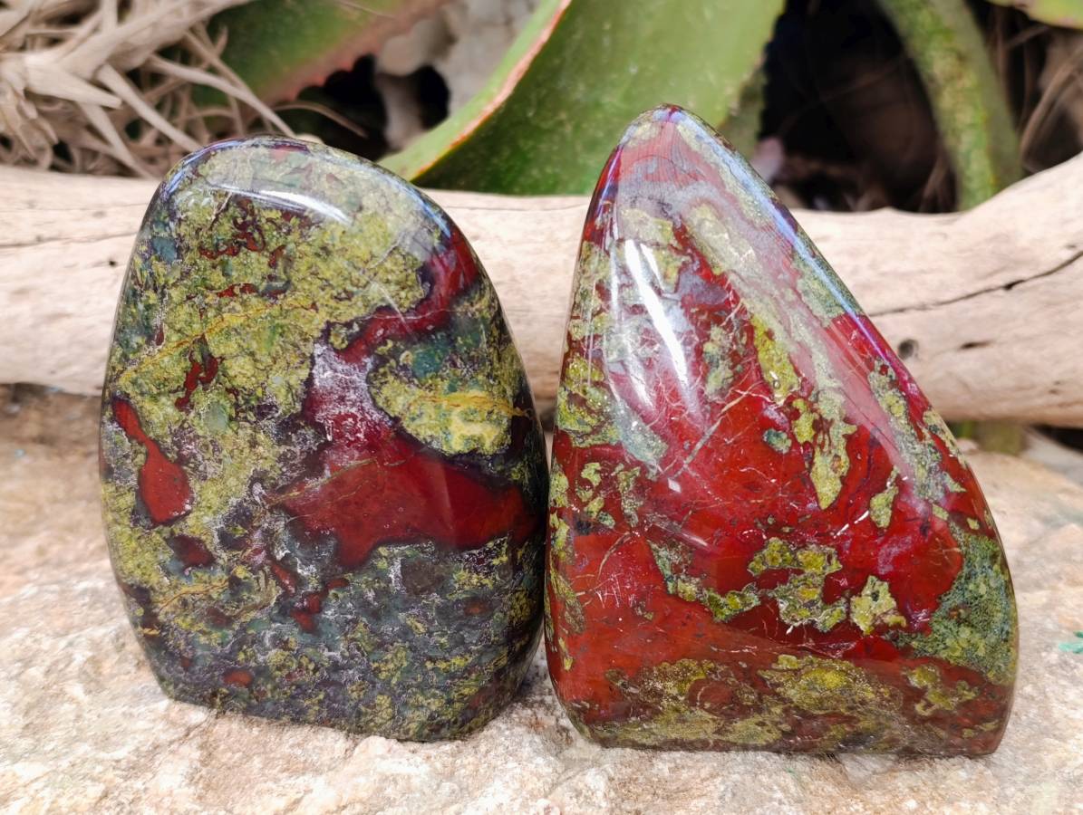 Polished Bastite Dragons Blood Standing Free Forms x 2 From Tshipise, South Africa - Toprock Gemstones and Minerals 