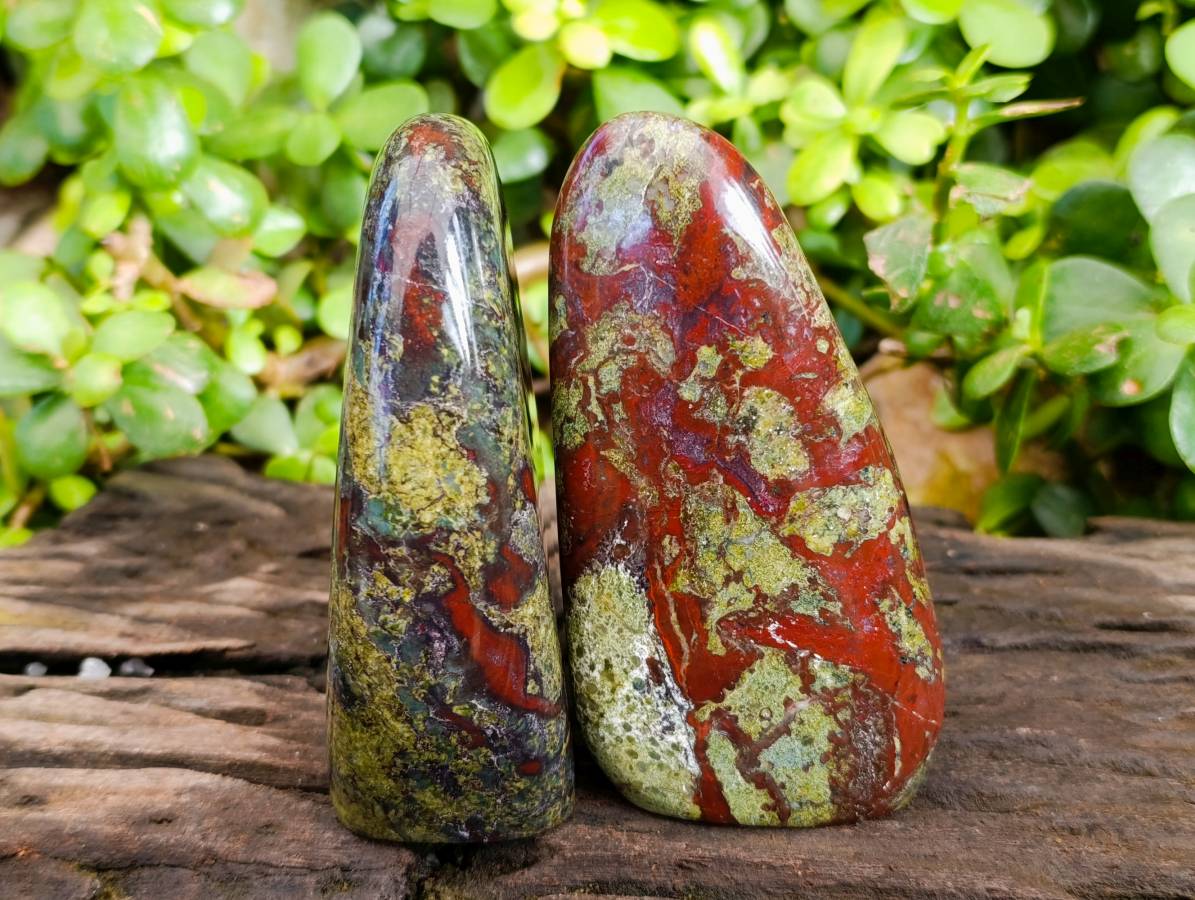 Polished Bastite Dragons Blood Standing Free Forms x 2 From Tshipise, South Africa - Toprock Gemstones and Minerals 