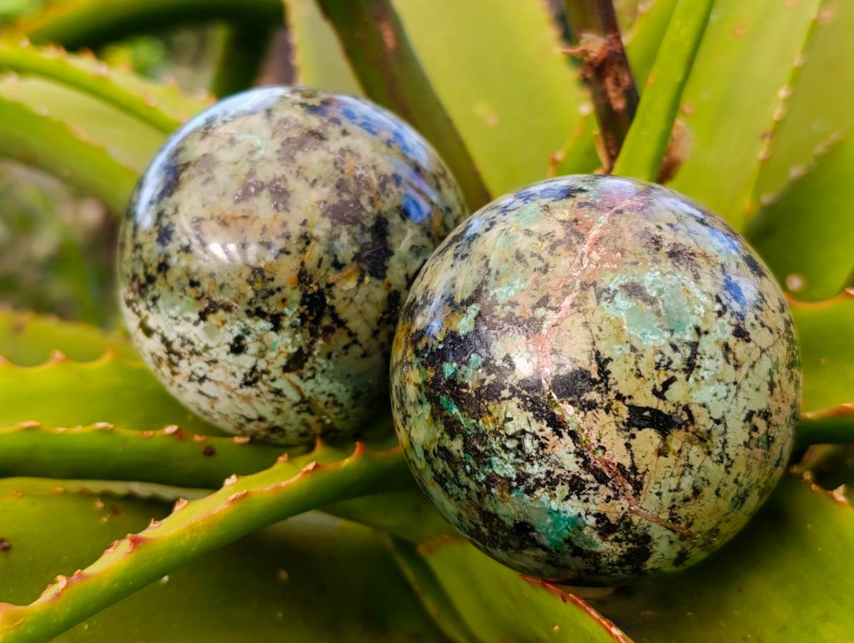 Polished "African Turquoise" Chrysocolla Spheres x 3 From Blue Mine, South Africa - Toprock Gemstones and Minerals 