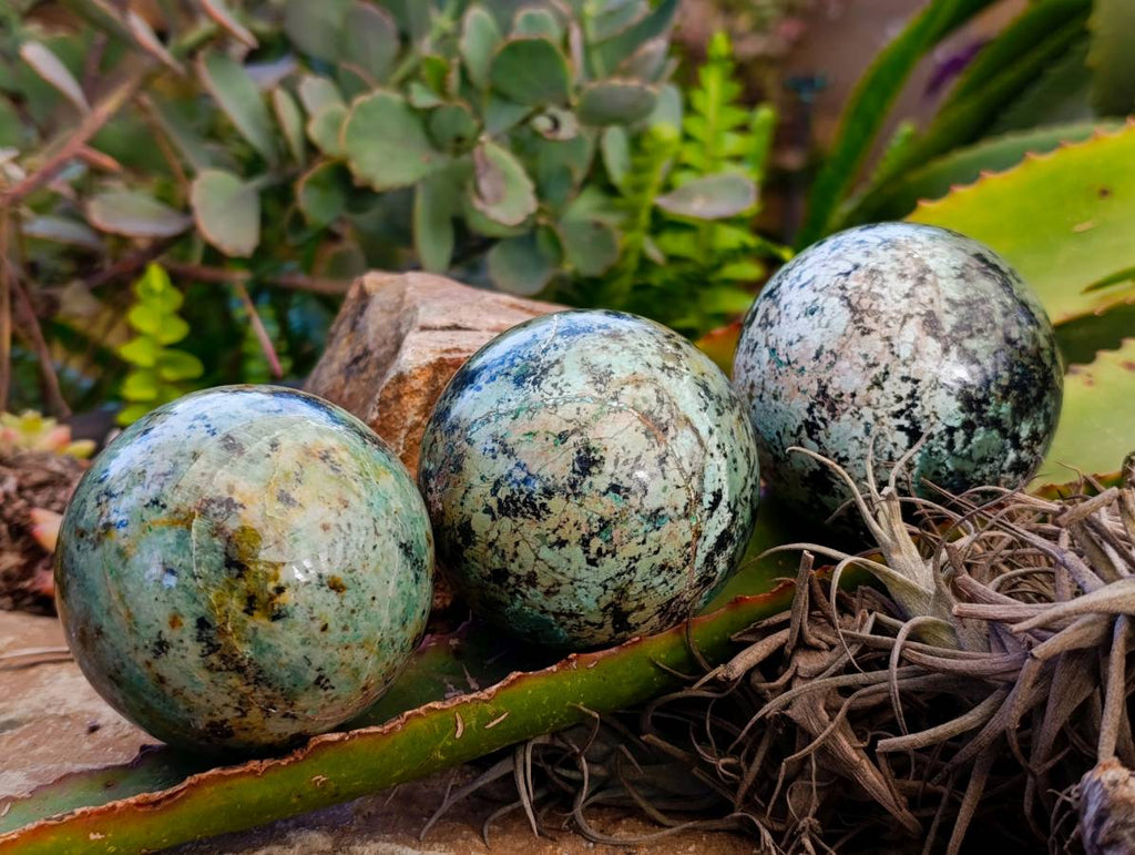 Polished "African Turquoise" Chrysocolla Spheres x 3 From Blue Mine, South Africa - Toprock Gemstones and Minerals 