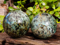 Polished "African Turquoise" Chrysocolla Spheres x 3 From Blue Mine, South Africa