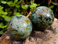 Polished "African Turquoise" Chrysocolla Spheres x 3 From Blue Mine, South Africa
