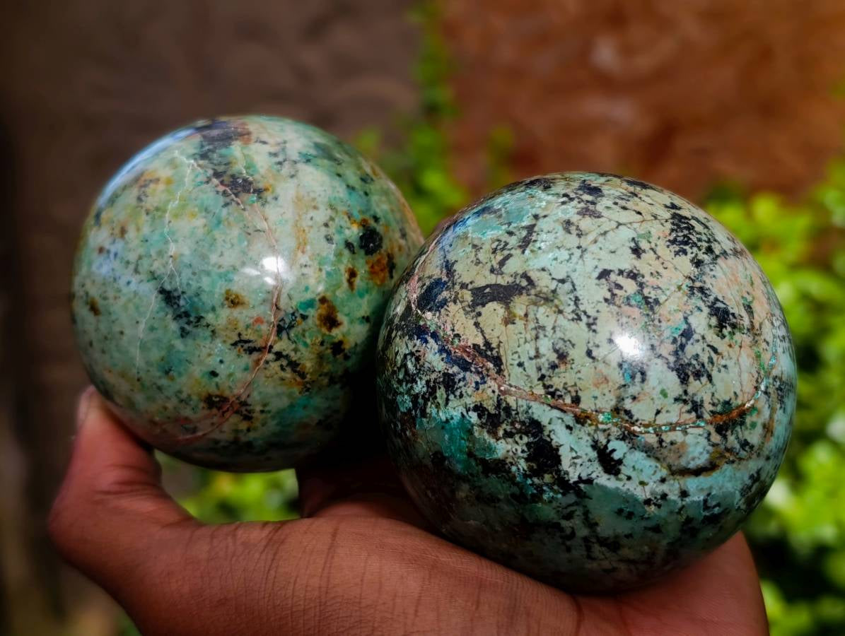 Polished "African Turquoise" Chrysocolla Spheres x 3 From Blue Mine, South Africa - Toprock Gemstones and Minerals 