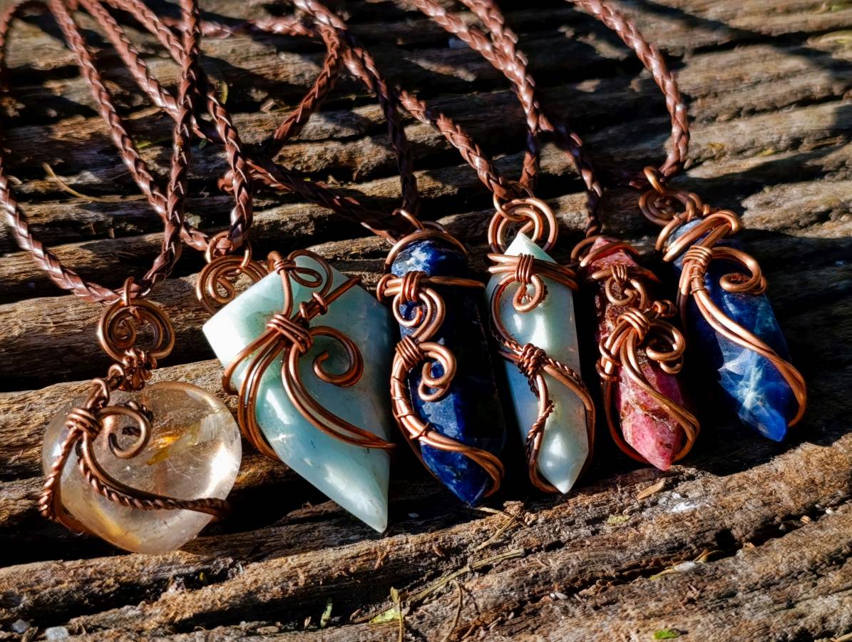 Polished Mixed Copper Wire Wrapped Pendants x 6 From Southern Africa - Toprock Gemstones and Minerals 