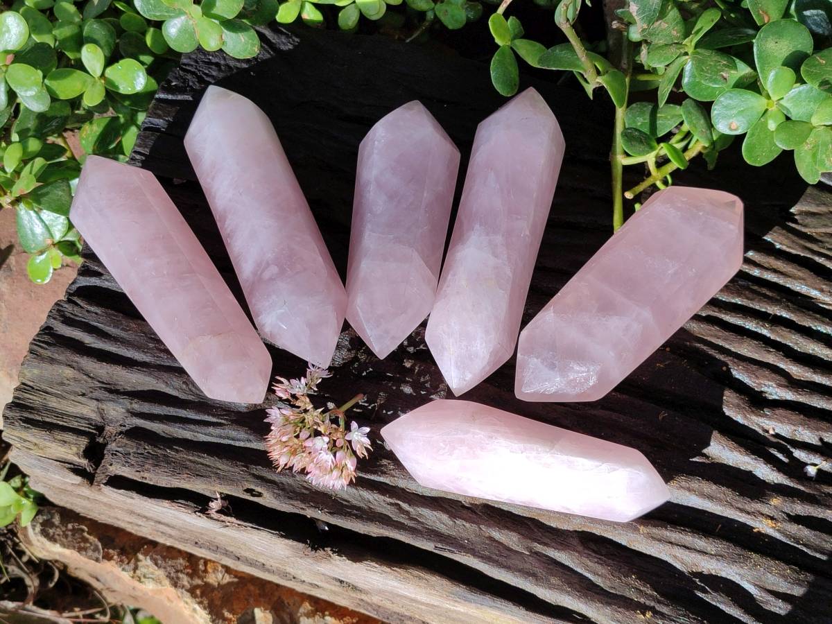 Polished Double Terminated Rose Quartz Points x 6 Madagascar - Toprock Gemstones and Minerals 