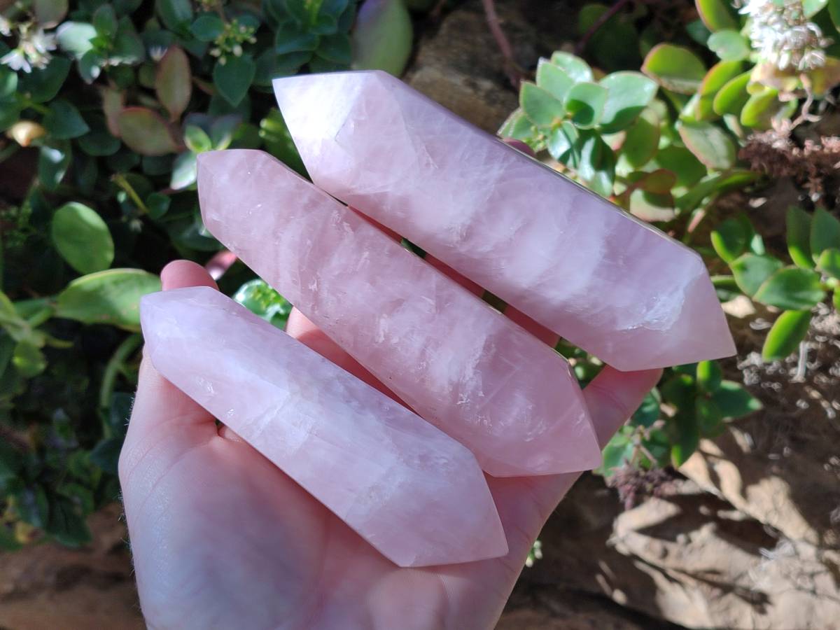 Polished Double Terminated Rose Quartz Points x 6 Madagascar - Toprock Gemstones and Minerals 