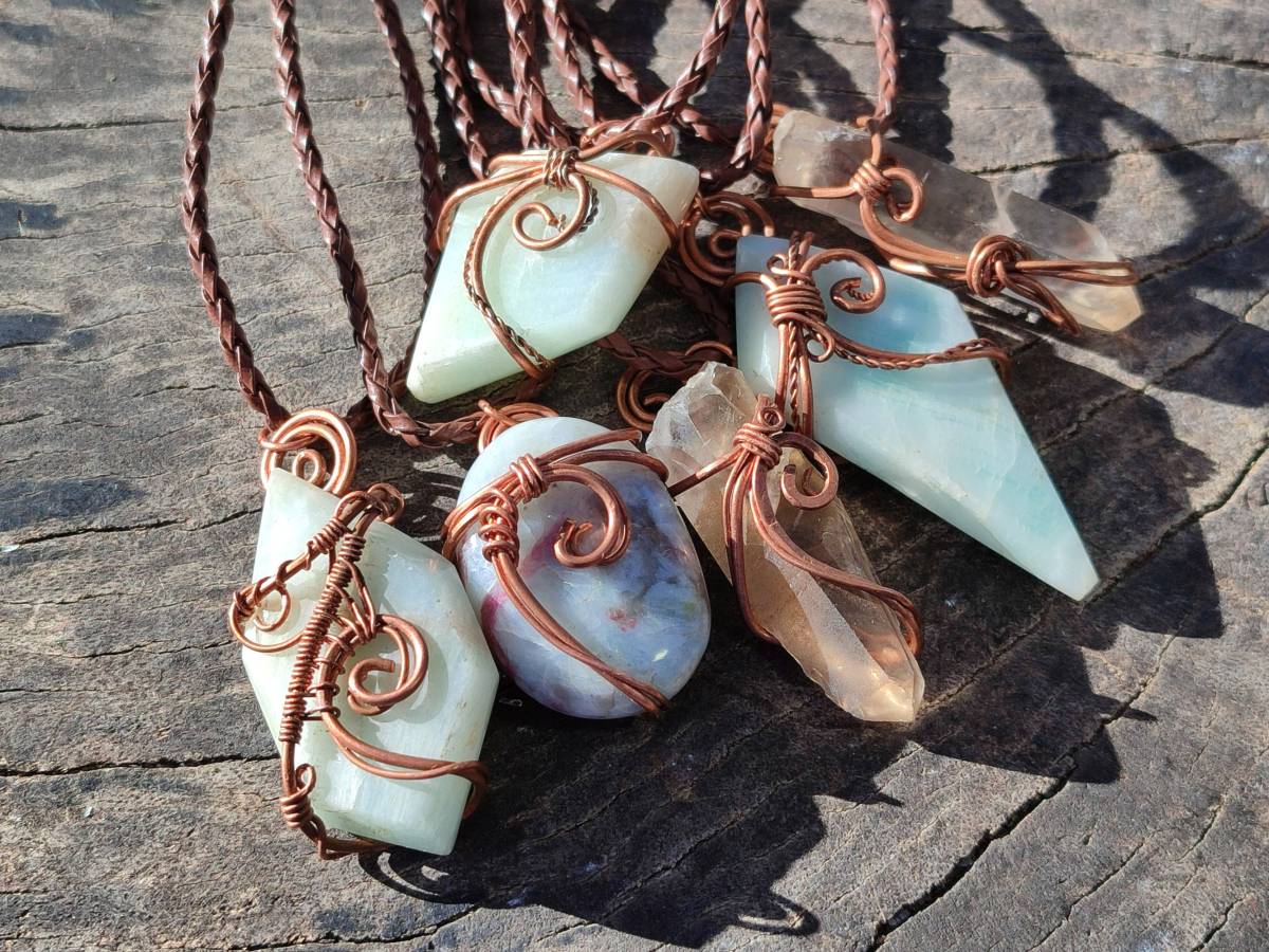 Hand Made Copper Wire Wrapped Pendants x 6 From Southern Africa - Toprock Gemstones and Minerals 