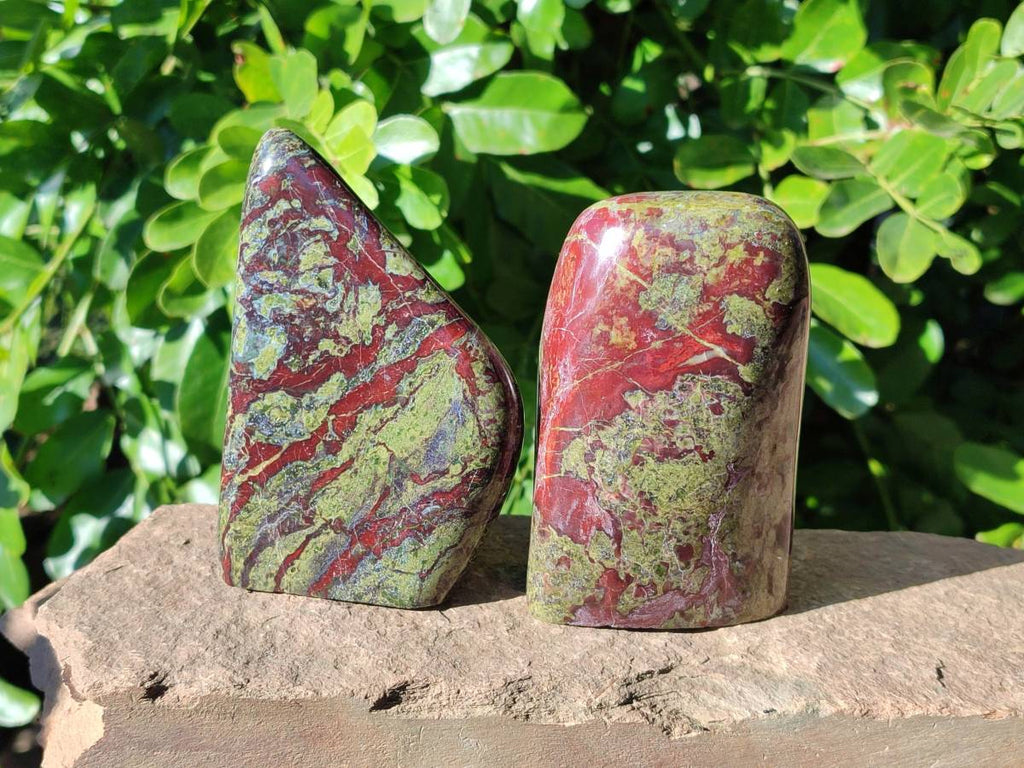 Polished Bastite Dragons Blood Stone Standing Free Forms x 2 From Tshipise, South Africa - Toprock Gemstones and Minerals 