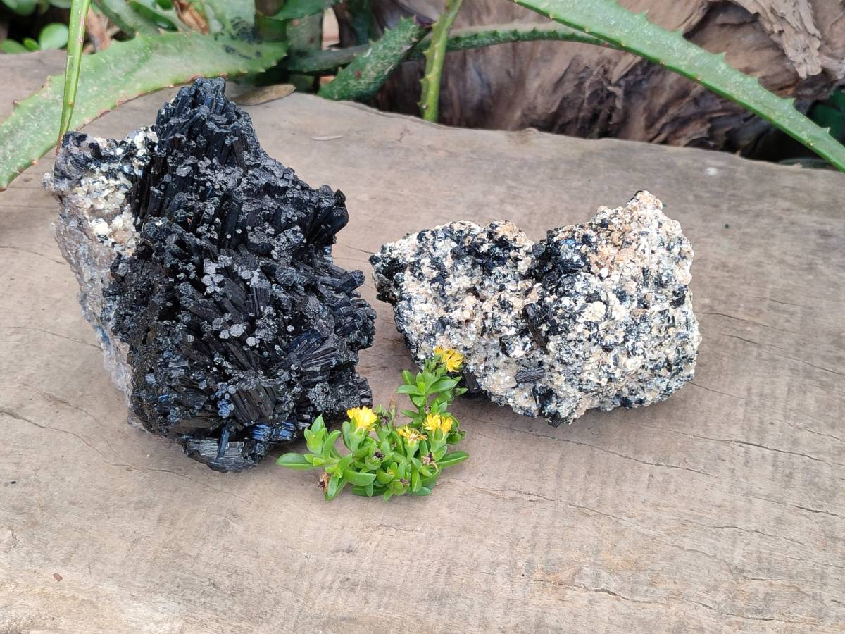 Natural Schorl Black Tourmaline with Smokey Quartz and Orthoclase Matrix Specimens x 2 From Namibia - Toprock Gemstones and Minerals 