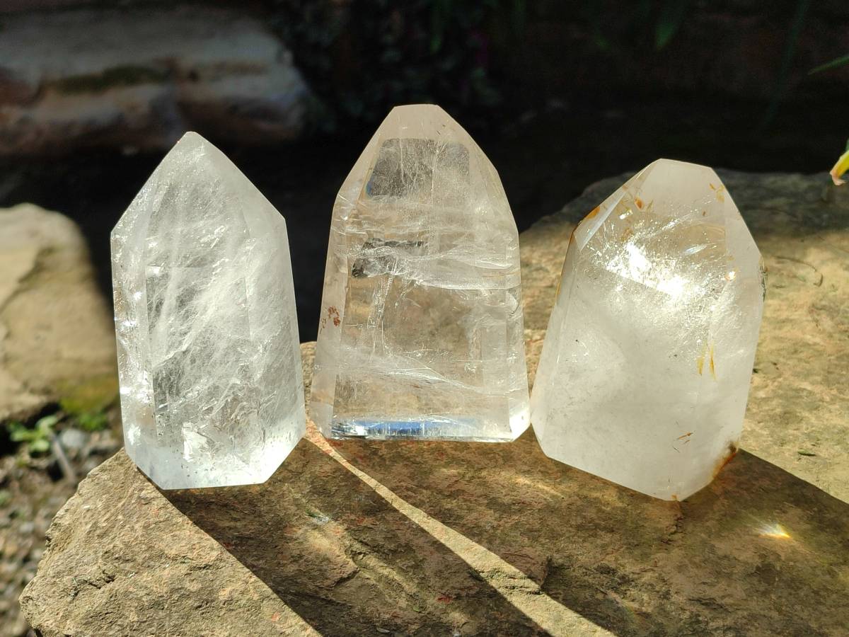 Polished Wispy Rainbow Veil Quartz and Specular Hematite Inclusion Quartz Crystals x 3 from Madagascar - Toprock Gemstones and Minerals 