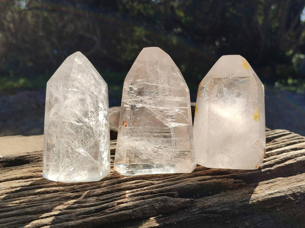 Polished Wispy Rainbow Veil Quartz and Specular Hematite Inclusion Quartz Crystals x 3 from Madagascar - Toprock Gemstones and Minerals 