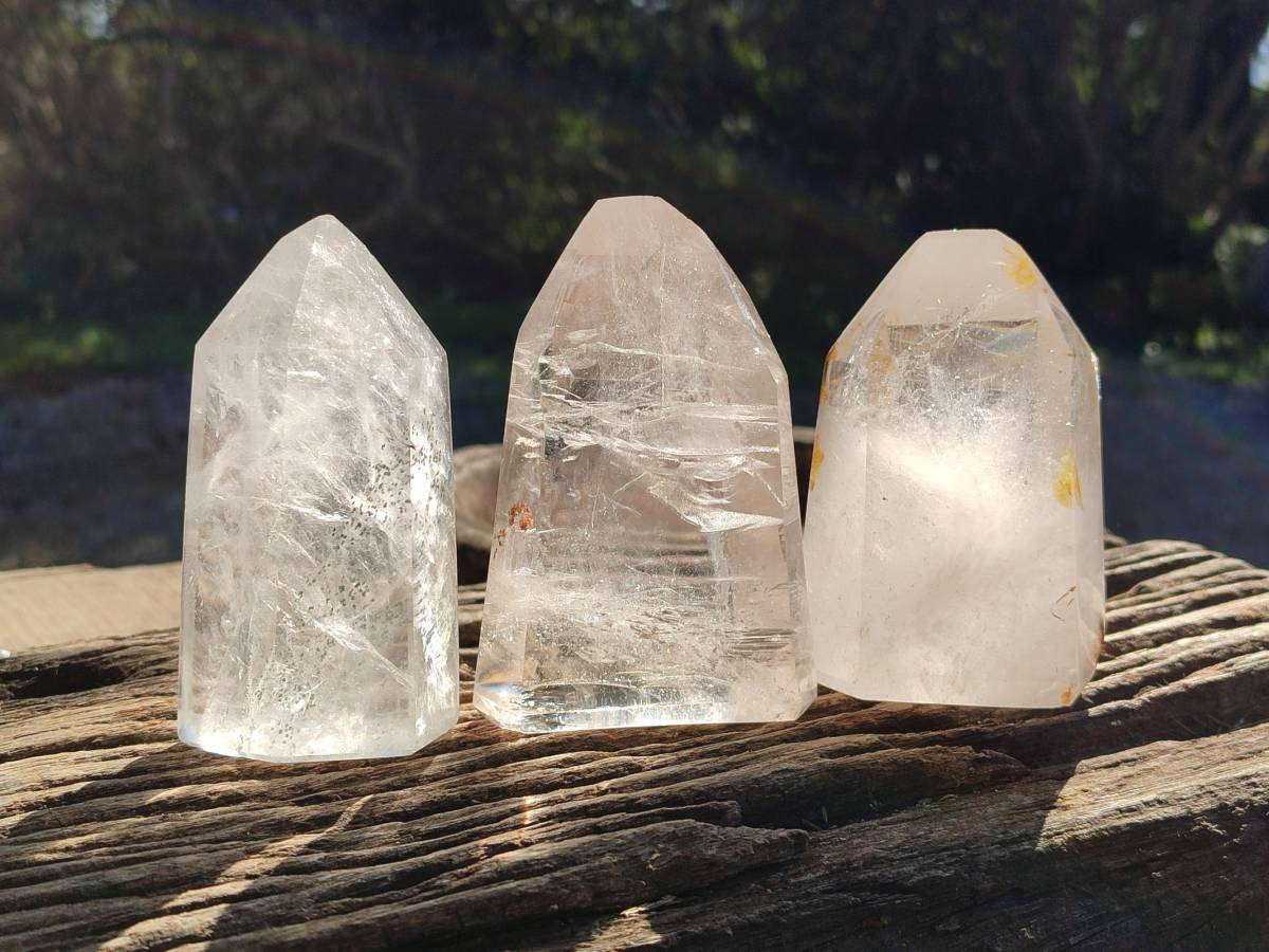 Polished Wispy Rainbow Veil Quartz and Specular Hematite Inclusion Quartz Crystals x 3 from Madagascar - Toprock Gemstones and Minerals 