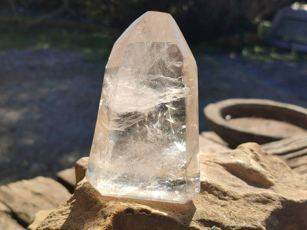 Polished Wispy Rainbow Veil Quartz and Specular Hematite Inclusion Quartz Crystals x 3 from Madagascar - Toprock Gemstones and Minerals 
