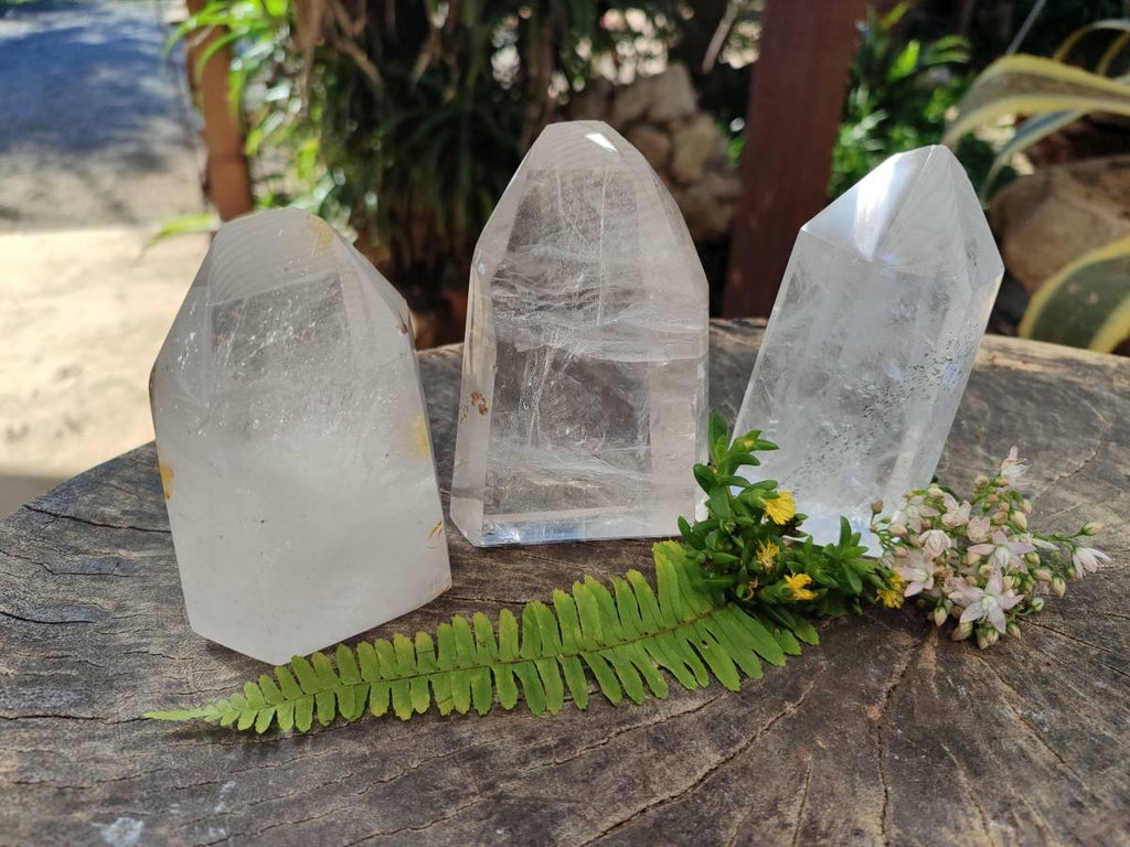 Polished Wispy Rainbow Veil Quartz and Specular Hematite Inclusion Quartz Crystals x 3 from Madagascar - Toprock Gemstones and Minerals 